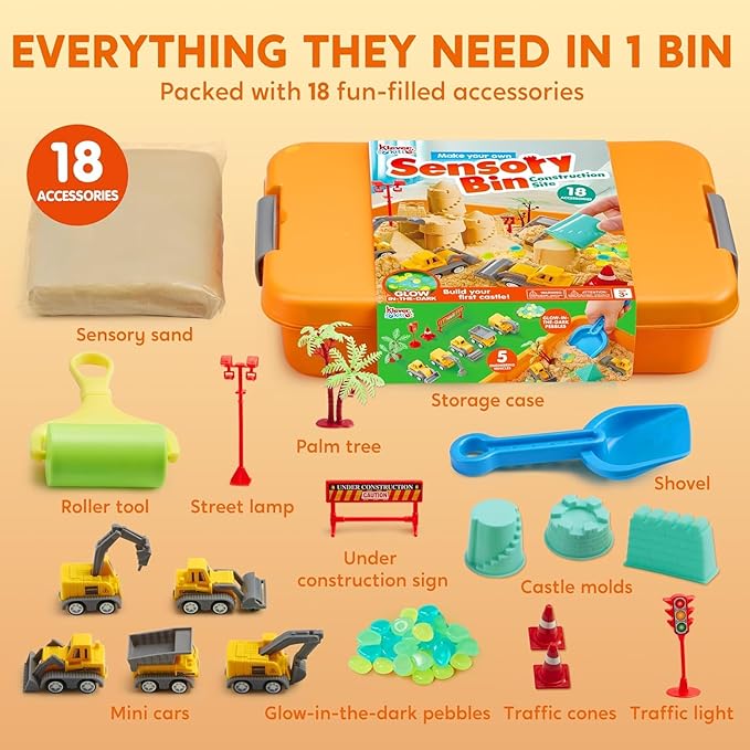 JOVA Klever Kits Construction Sensory Bin for Kids with Glow in The Dark Stones, Sandbox with Lid Castle Building kit, Preschool Learning Activities Gifts for Boys Girls Age 3+