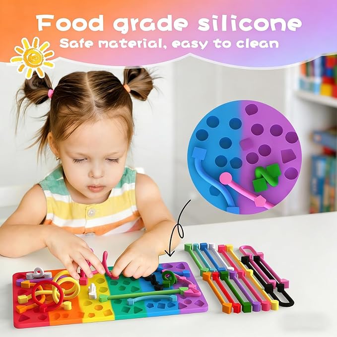 Silicone Sensory Board Fidget Toy Kids ADHD Anxiety 12 Strings Travel Bag | Food grade odorless silicone quiet compact handheld helps train kids fine motor skills for classroom car travel calming