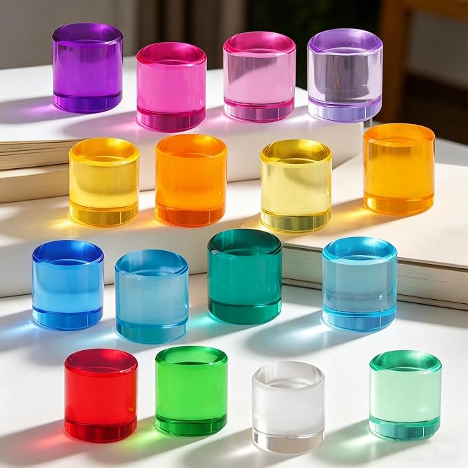 Rainbow Acrylic Blocks, 16 Stackable Cylinders for Kids Ages 3+ | 16 acrylic color blocks, 2 x 1 in, stackable, ages 3+, white paper box for gift wrap, preschool and light table use