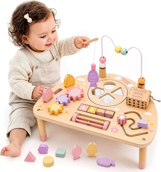 Vanplay Montessori Toys for 1 2 Year Old Girl Gift - 1st Christmas Birthday | 8 in 1 Learning Activities with Music Box/ Fishing Game, Busy Board Toys for Toddler 1-3, One Year Old Girl Birthday Gift