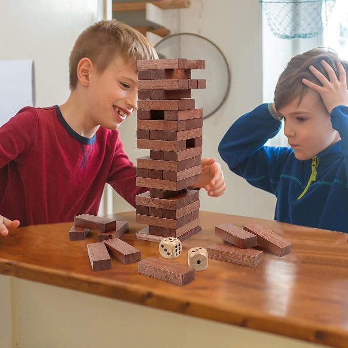 54PCS Tumbling Tower Game Wooden Blocks Stacking Game for Kids Adult Family | Canuan Wooden Tumbling Tower for Party Camping, Classic Stacking Blocks Wooden Board Tabletop Games with Storage Box Dices