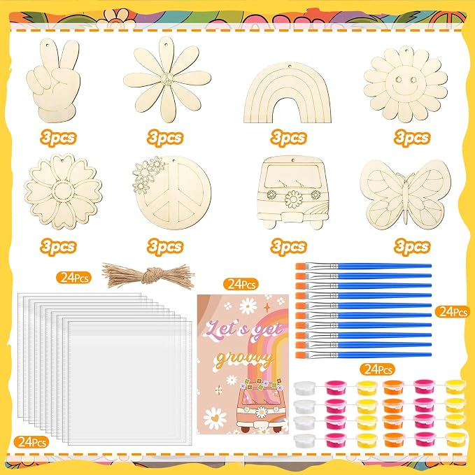 Saypacck 24 Pcs Groovy Boho Hippie Party Favors Wooden Paint Craft Kits | Retro Daisy Rainbow Decorations for Goodie Bags, Bulk Thank You Gifts with Organza Pouch, Boho Hippie Activities for Kids
