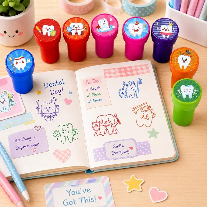 Cinrobiye 24 Pcs Teeth Stampers Party Favor Set, Cute Dental Health Stamps for Kids Birthday Party, Classroom Rewards, Educational Learning Toys, Goody Bag Fillers, Dental Care Party Supplies