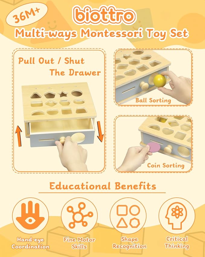Biottro Montessori Toys for 3 4 5 Year Old - 5 in 1 Learning Education Toy for Toddler Kid Boys Girls - Shape Matching Stacking Color Sorting Beads Lacing Sensory Fidget Gifts