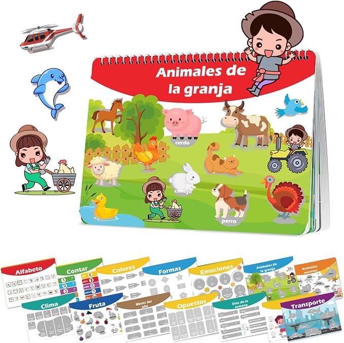 Spanish Busy Book for Toddlers, Montessori Preschool Learning Activities, 14 Bilingual Themes (English/Spanish) – Quiet Book for Kids, Educational Travel Toys