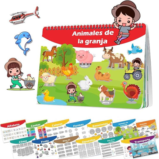 Spanish Busy Book for Toddlers, Montessori Preschool Learning Activities, 14 Bilingual Themes (English/Spanish) – Quiet Book for Kids, Educational Travel Toys