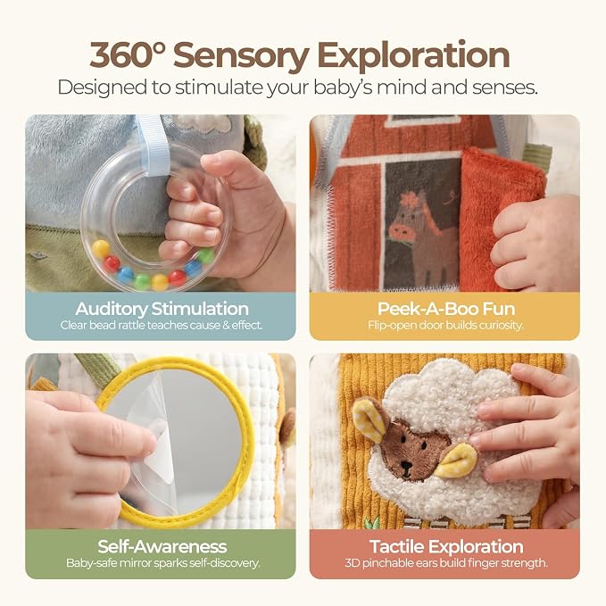 let's make Farm Baby Sensory Cube for Infants 0-12 Months — Soft Activity Block with Bead Rattle & Baby-Safe Mirror | Tummy Time Toy Gift for Boys Girls, Machine Washable