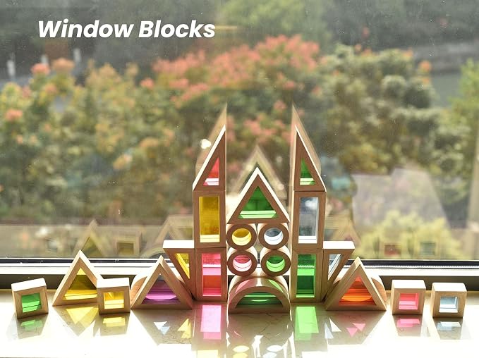 BOHS Translucent Wooden Rainbow Blocks for Kids, 24-Piece Sensory Set | Six shapes in four vivid colors; light-table and sunny-window play; color mixing, motor skills and open-ended creativity