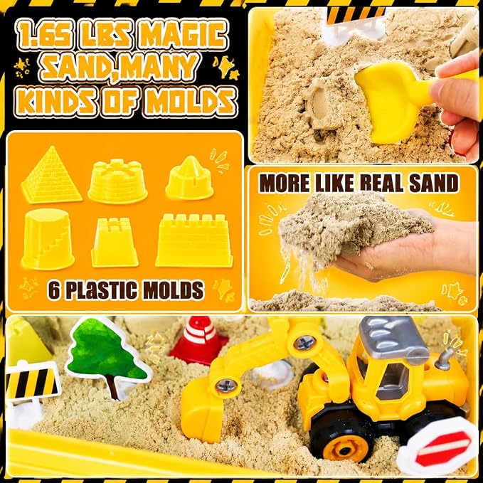 Construction Sensory Bin，Sand Kit Gift for boys girls, Sensory Play Toys | Sand Kit with Sensory Sand, Glow Stones, Excavator, Construction Toys for Creative Play Ages 3+
