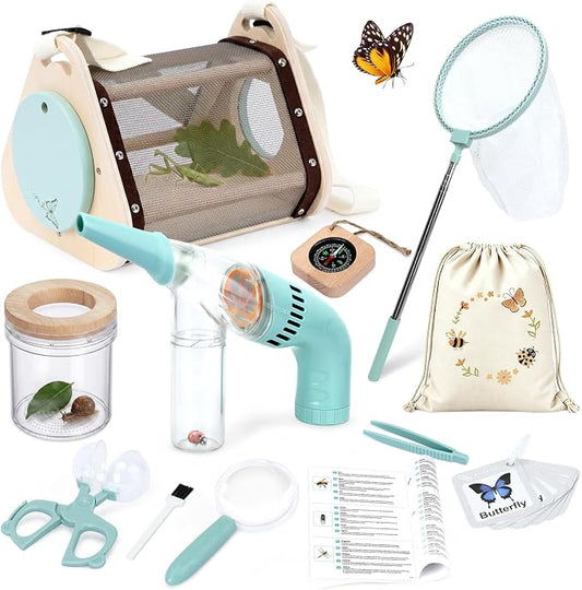 Kids Bug Catcher Kit, 11-Piece Outdoor Explorer Set with Bug Vacuum, Wooden Insect House, Butterfly Net, Ages 4-8
