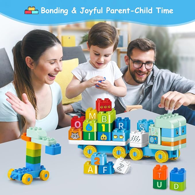 MOONTOY 49PCS Large Building Blocks for Toddlers 3-5, Alphabet Blocks Truck | Learn ABC & Numbers, Counting, Animal Matching, Educational Toys with Storage Bag, Preschool Birthday Gift for Kids 3+ Years