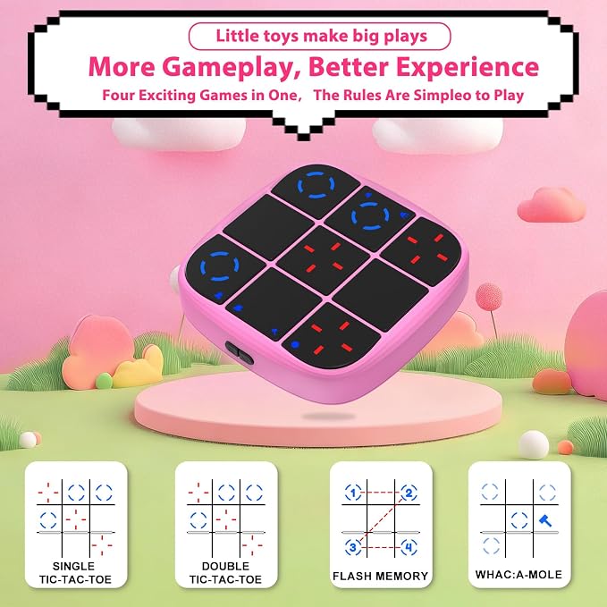 KOQQQ Rechargeable Tic-Tac-Toe Bolt Game, Upgraded 4-in-1 Handheld Puzzle Console, Electronic Educational Memory Game, Portable Travel Car Ride Board Games for Kids Adults (Pink)