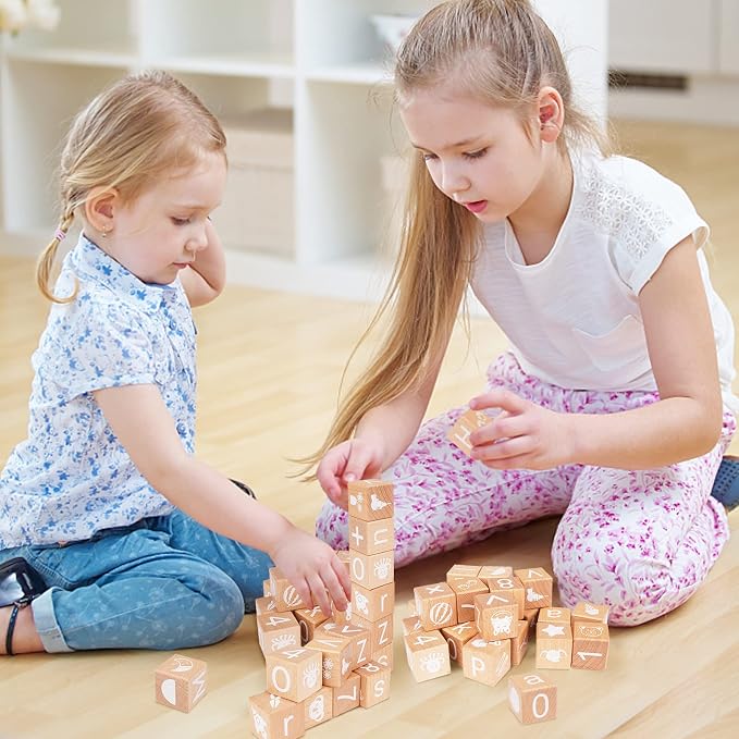 AXEARTE Alphabet Letters Stacking Blocks, 26 Wooden ABC Building Blocks for Toddlers, Number, Animals Icons on Every Side, Preschool Learning Educational Toys Montessori Sensory Toys for Kids（1.18in）
