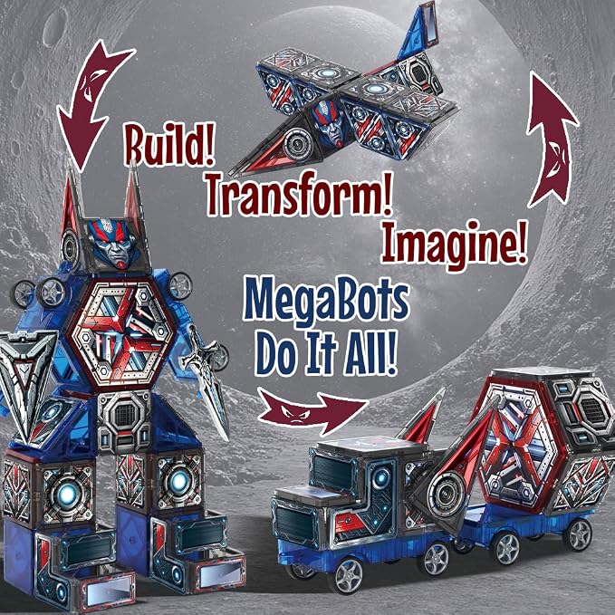 Little Pi Transformer Toys MegaBots Magnetic Tiles, Transforming Robot Toy | Durable ABS plastic, STEM engineering, sword & shield, screen-free kids gift ages 3 4 5 6, builds vehicles bases towers scene