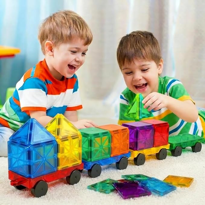 Feoxialy Magnetic Tiles Cars 4 PCS Magnetic Cars Set Construction Kids Toys | Magnet Building Blocks for Kids Ages 4-8 3-5, Truck Kit Educational Toys Gifts for 3+ Year Old Boys Girls Christmas Birthday