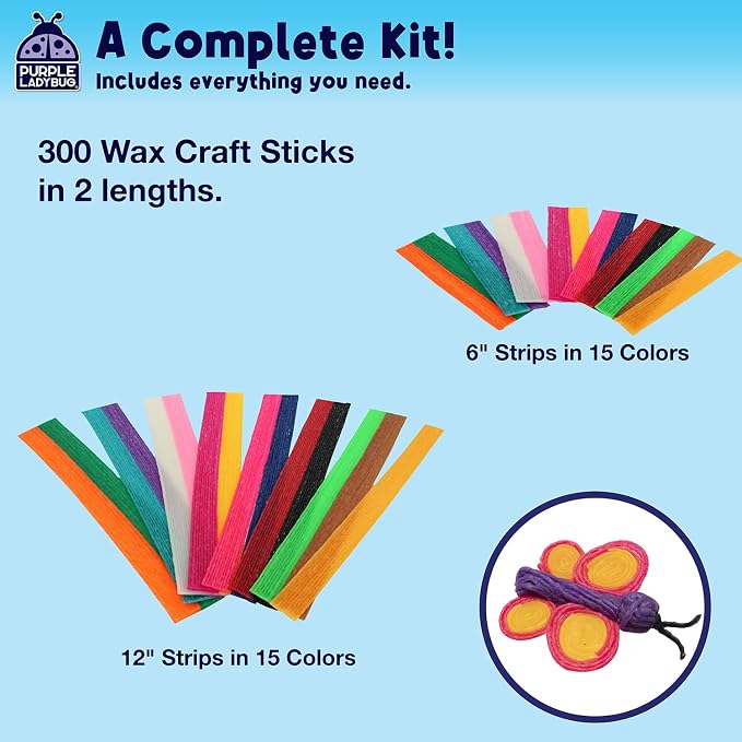 Wax Craft Sticks for Kids 300 PCS in 15 Colors, Mess-Free Sensory Craft | Reusable Bendable Wax Sticks, 6 in and 12 in Lengths, Non-Toxic, Screen-Free Road Trip and Airplane Travel Toy, Ages 4+