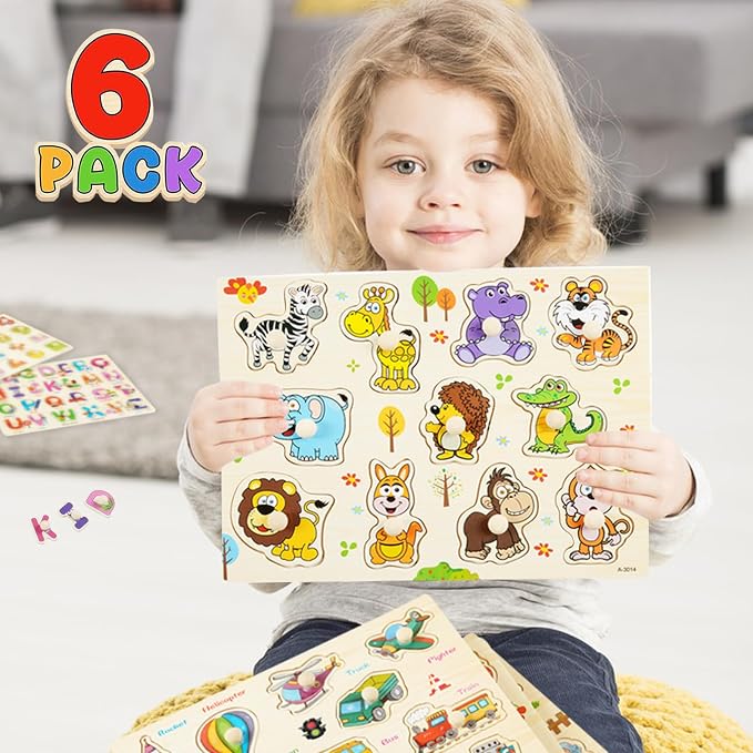 Wooden Peg Puzzles for Toddlers, 6 Pack Toddler Puzzles Set for 3 4 5 Years Old, Preschool Education Learning Puzzle Toys for Girls and Boys (Alphabet Number Animal Vehicle Fruit Occupation)