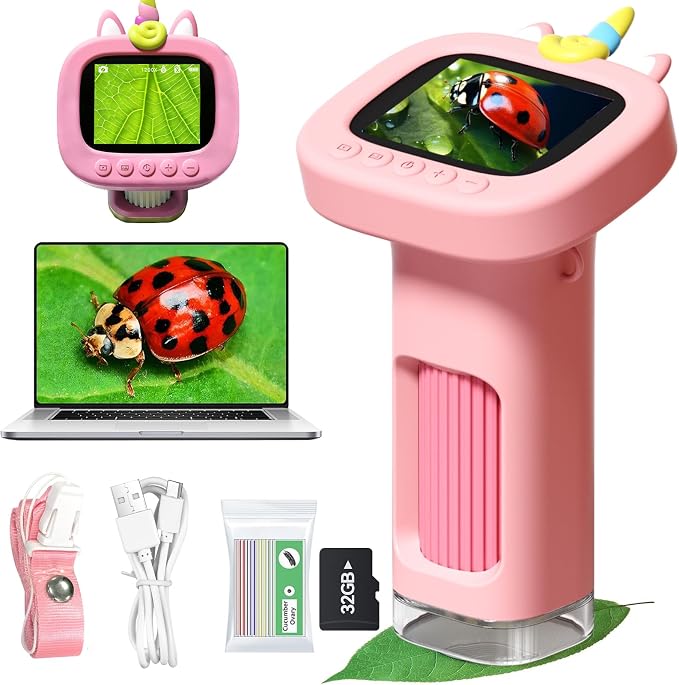 Microscope for Kids, Digital Handheld Kids Microscope with 10 Slides, Photo and Video Mini Portable Pocket Miniscope Science Toys Gifts for 3-12 Age Year Old Boys Girls (Pink)