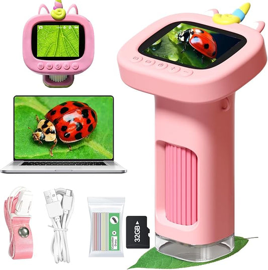 Microscope for Kids, Digital Handheld Kids Microscope with 10 Slides, Photo and Video Mini Portable Pocket Miniscope Science Toys Gifts for 3-12 Age Year Old Boys Girls (Pink)