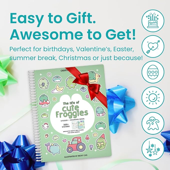 Cupkin Cute Frogs Coloring & Sticker Activity Book | 300+ Stickers | Spiral-bound kids craft format with 8 scenes, 8 art pages, side-by-side viewing, and an easy-peel design for ages 2–8
