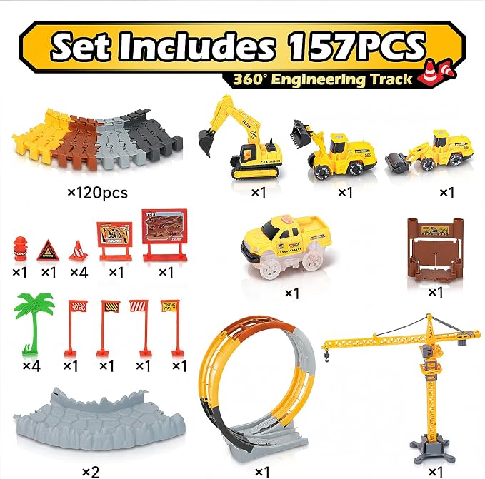 Coroiesty 157 PCS Construction Race Tracks for Kids with 360° Loop Ramp | Glow in The Dark Magic Toy Set, 1 Light Up Car, 3 Construction Cars, Flexible DIY Track Set, Gift for 3-9 Year Old Boys Girls