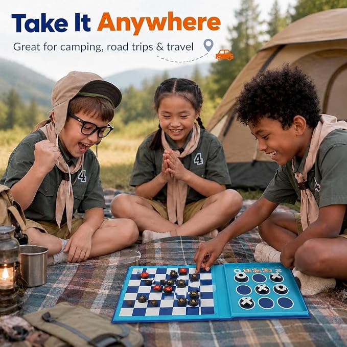 TRAVOFUN Magnetic Checkers Board Game | Travel Games for Kids 8-12 | Foldable travel checkers game with tic-tac-toe keeps magnetic pieces secure for car rides, flights, camping, and family play.