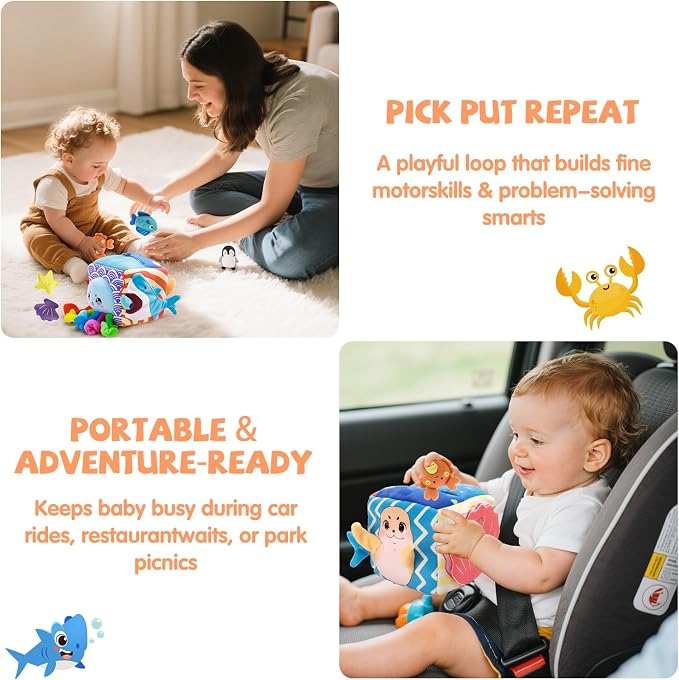 Baby Toys 6-12 Months, Montessori Sensory Toys with 5 Plush Sea Animals | Soft Mystery Box with Crinkle,Squeaky,Rattle & Mirror for Fine Motor Play & Multi-Sensory Learning,Gifts for Infants & Babies