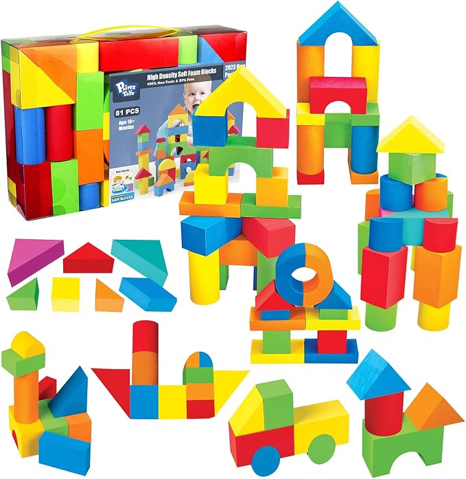 Pairez Toys Foam Building Blocks for Toddlers 2-4, 81PCS Soft Blocks Toy | Baby Bath Foam Toys, Stacking Blocks Set, Sensory and Montessori Toys for Boys & Girls 18+ Months