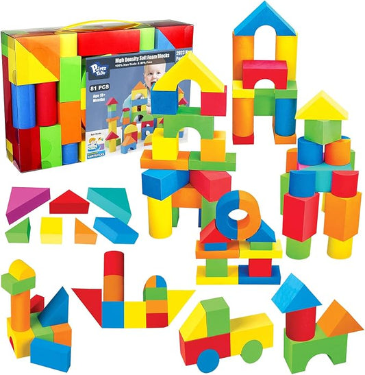 Pairez Toys Foam Building Blocks for Toddlers 2-4, 81PCS Soft Blocks Toy | Baby Bath Foam Toys, Stacking Blocks Set, Sensory and Montessori Toys for Boys & Girls 18+ Months