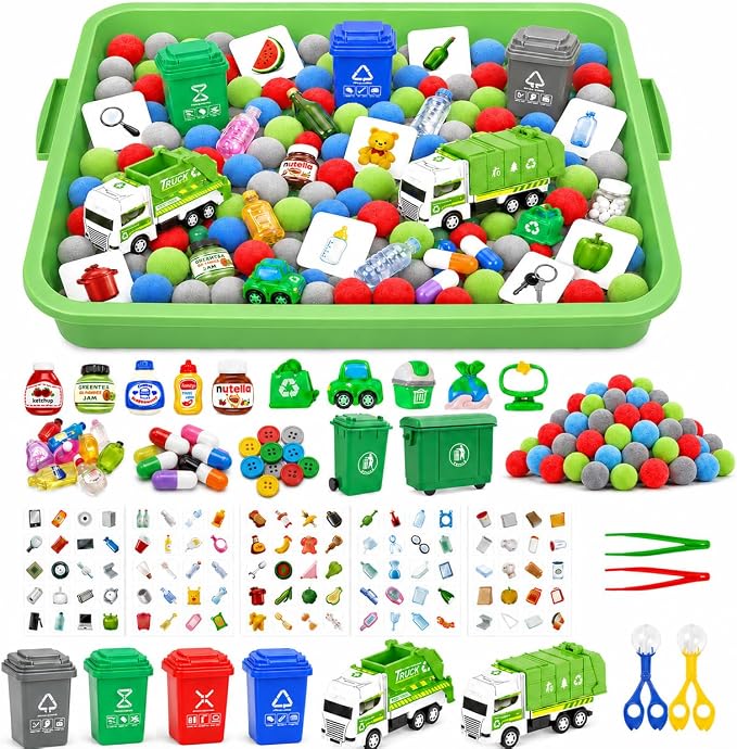 Cinrobiye 163 Pcs Recycling Sorting Activity Set, Earth Day Learning Game with Sorting Bins, Classification Cards and Fine Motor Activities for Preschool Classroom, STEM Educational Learning Supplies