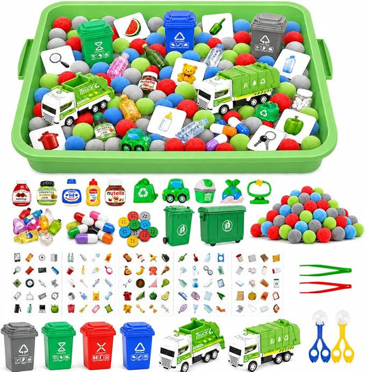 Cinrobiye 163 Pcs Recycling Sorting Activity Set, Earth Day Learning Game with Sorting Bins, Classification Cards and Fine Motor Activities for Preschool Classroom, STEM Educational Learning Supplies
