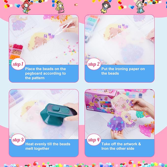 Meland Fuse Beads Kit, 5MM 4800 Princess Rainbow Beads for Girls Ages 5-12 | Includes 3 pegboards and craft accessories for colorful patterns, keychains and screen-free creative projects