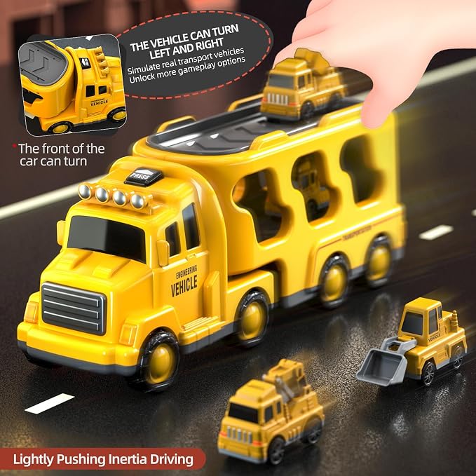 Beby Buty 5 in 1 Construction Trucks Cars Toys for Toddlers 3-5 | Boy Toddler Car Truck Toys with Light Sound, Includes Crane, Mixer, Bulldozer & Excavator, Birthday Gifts for 3 4 5 Year Boys