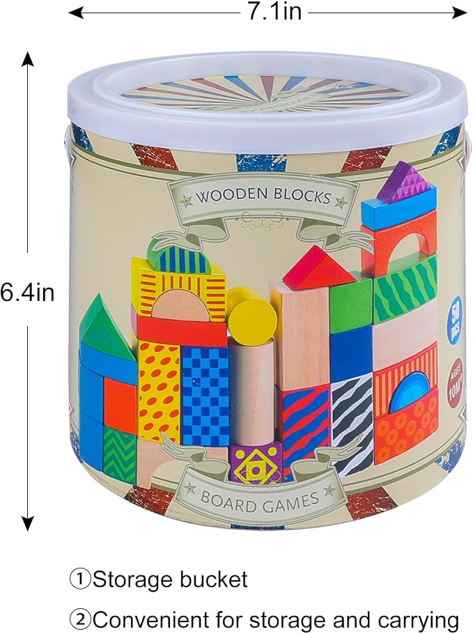 Offelec 50 Pcs Wooden Building Blocks Set with Storage Bucket, Montessori Stacking Blocks & Shape Sorting Toys for Toddlers, Preschool Learning Toys for Boys & Girls, Kids Brightly Colored Blocks