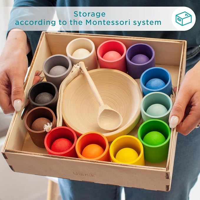 Ulanik Balls in Cups Full Set Montessori Toys for 1 Year Old | Open-ended wooden sorting set; 12 clear colors; tray and bag for easy storage