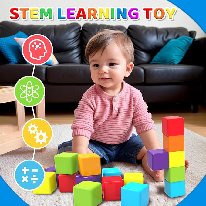 Magnetic Building Blocks, 1.65 inch Large Stacking Cubes for Toddlers 1-3 | Sensory & Montessori Toys for Boys & Girls 1 2 3 Years Old, Kids Travel Toys, Magnetic Cubes Birthday Gifts (36 PCS)