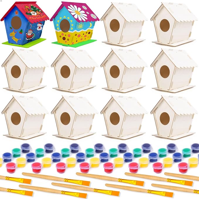 hapray 12 Pack Bird House Kit for Kids, DIY Wooden Birdhouse with Paints