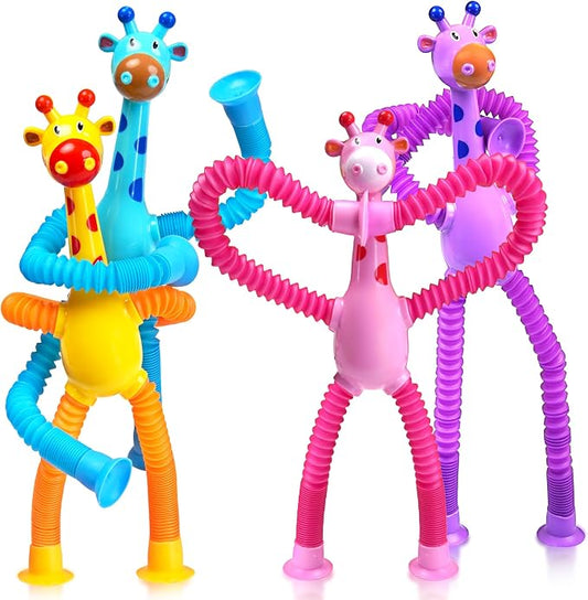 Giraffe Sensory Travel Toys 4Pcs for Road Trip Car Ride Airplane Toddler Girl Year Old Ages 3 4 5 6 7 8, Suction Autism Pop Tube Fidget Toy Autistic Valentines Day Stocking Easter Basket Stuffer Gift