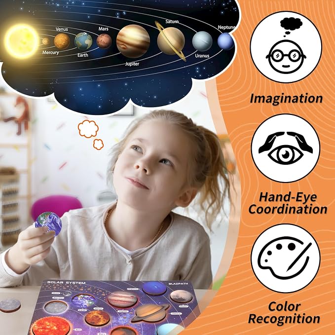 Solar System Planet Outer Space Toddler Wooden Puzzle Toys for Kids 3-5 | Space Themed Wood Puzzle Board Sensory Toys Model Gift for Girls and Boys, Preschool Learning Activities STEM Montessori Game