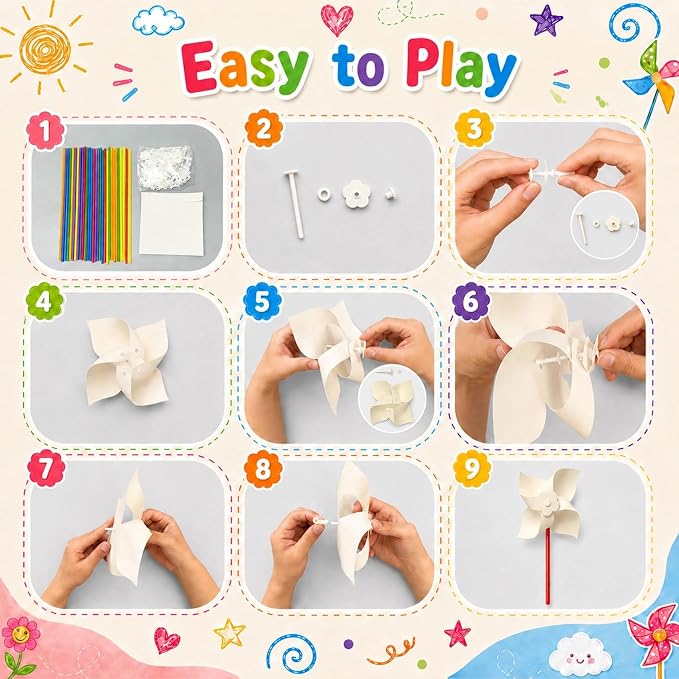 LINBLIF 30 Pack DIY Pinwheels Craft Kit for Kids, Summer Paper Windmill | EASY ASSEMBLY: Blank paper pinwheels for kids to draw, paint & craft. Perfect for camp, classroom, and party favors