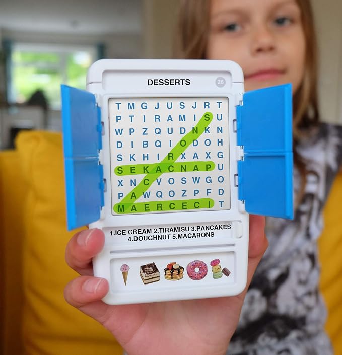 Word Search Travel Game - 100 Puzzles with Picture Clues | 50 Wipe Clean Cards with Slide Reveal case and Pen | Activity, Gift, Stocking Stuffer | for Kids and Adults, Age 6+