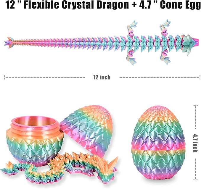 12" 3D Printed Dragon Eggs with Dragon, Articulated 3D Fidget Toys for Kids | Crystal 3D Dragon Toys for Boys Girls, Small 3d Printed Animals, Dino Dinosaur Eggs Toys, Easter Basket Stuffers（Rainbow）