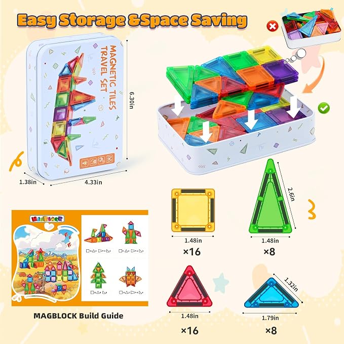 MAGBLOCK 48PCS Mini Magnetic Tiles with Storage Box for Kids 3+ | Travel Size Toys Magnetic Building Blocks Set, STEM Sensory Montessori Toys for Road Trip Essentials Airplane Car Activities