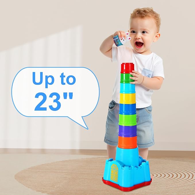 iPlay, iLearn Baby Stacking Cup Toy, Toddler Stackable Block w/Shape Sorter | Infant Stackable Cups Montessori Learing Nesting Sorting Game, Kids Bath Toy Birthday Gift 12 18Month 1 2 3 Year Old Boy Girl
