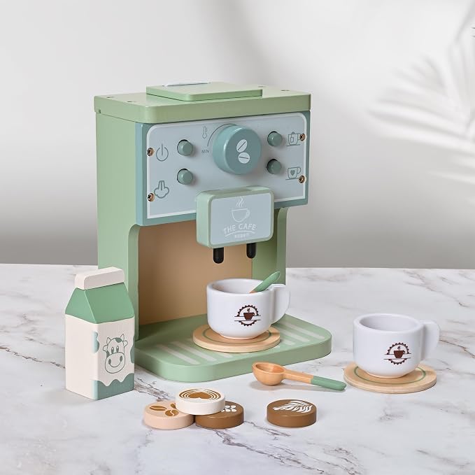 Green Coffee Maker Toddler Pretend Play Kitchen Accessories | Kids Wooden Toys Espresso Machine Playset Montessori Kitchen Toy Gift for Girls and Boys