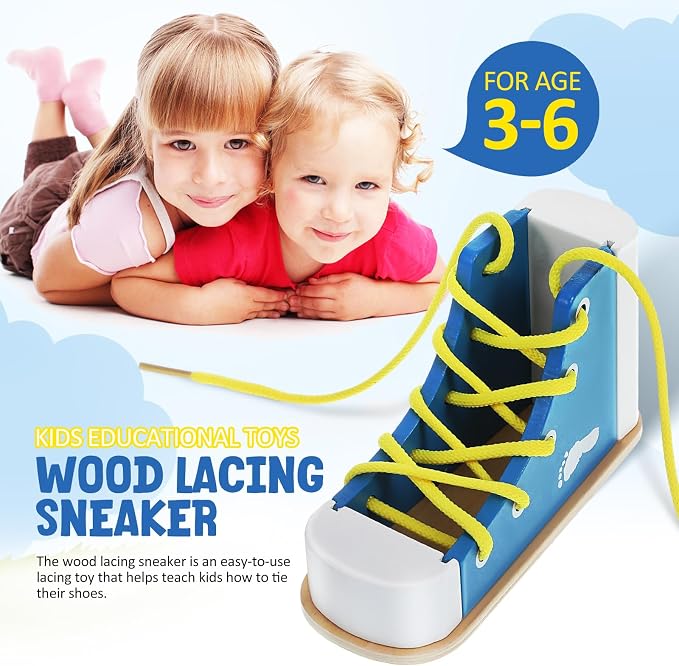 NUOBESTY Shoe Tying Practice for Kids Preschool Learning Toys Learn to Tie Shoes Tying Practice Board Early Educational Developmental Wooden Toy Toddler 2pcs
