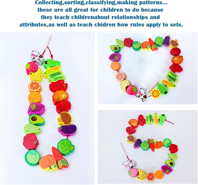 46 PCS Wooden Lacing Beads,Animals Fruits Threading Toys | Preschool Learning Lacing Toys,Montessori Educational Stringing Threading Beads Toys for Kids 3 4 5 6 Year Old Boys Girls