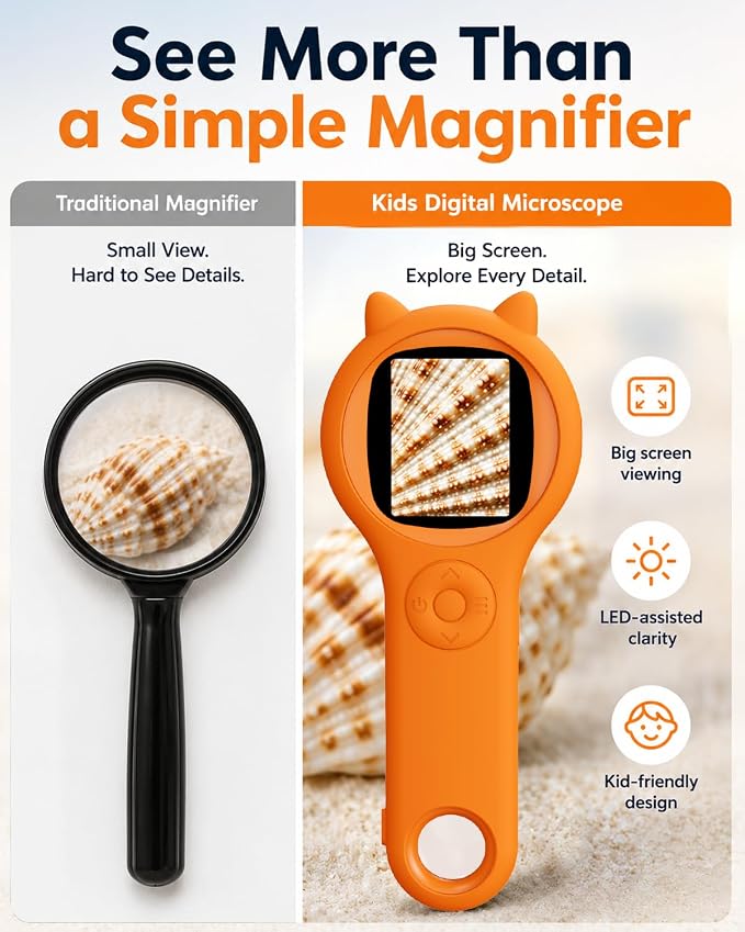 Bug Exploration Microscope for Kids, 500X Handheld Digital Microscope with 2" IPS Screen, Backyard Adventure STEM Science Toy Age 5-12 (Orange)
