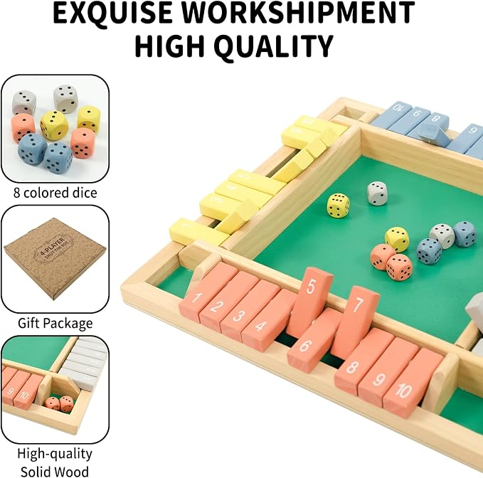 WOOD CITY Shut The Box Game Wooden 4 Player, Classic Board Game for Kids & Adults, Educational Math Learning Toy, Table Dice Game for The Party Family or Bar - 12 Inch with 8 Dice Morandi Color