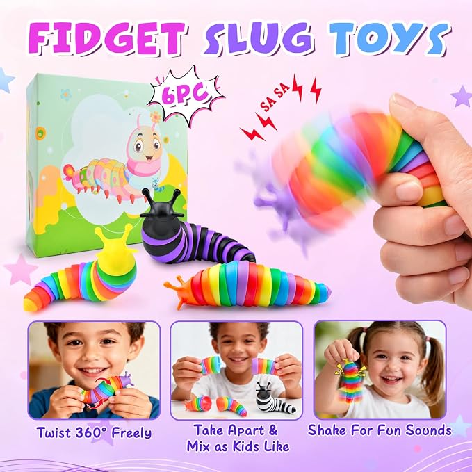 Cevioce 6PCS Slug Fidget Toys Bulk, Easter Gifts for Boy Girl Toddler 3+ Sensory Figette Worm for Adults Stress Relief for Autism ADHD Autistic Travel Toys Easter Basket Stuffers for Kids A